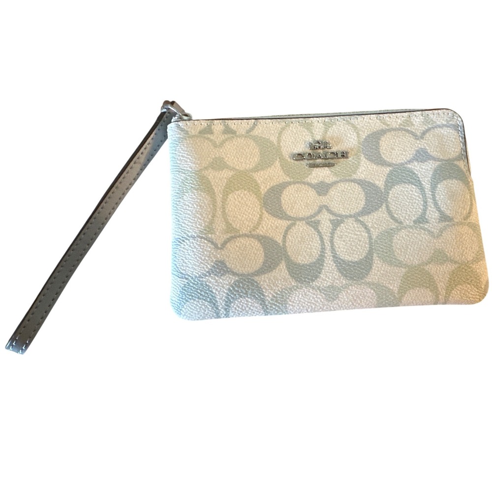Coach wristlet, signature print, powder blue/Light green